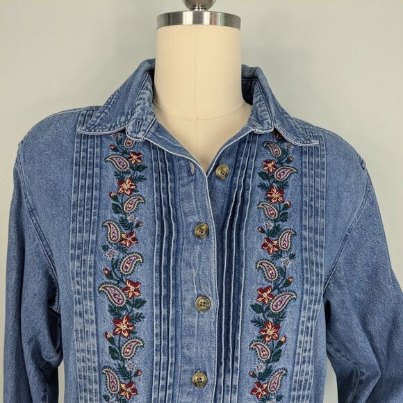 Vintage Talbots Denim Shirt Dress 90s Embroidered Modest Blue Jean Grunge 16P - Picture 6 of 16